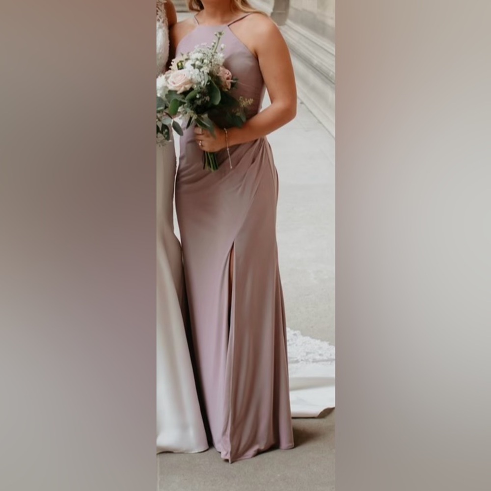 Christina Wu Bridesmaid dress size 2 taupe suede color long dress with halter